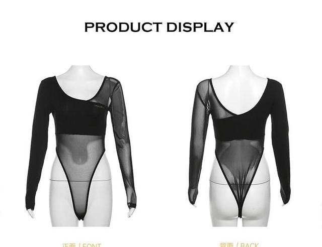 Long Sleeve Asymmetrical Neck Plain Panel Mesh Bodysuit Top Product Image