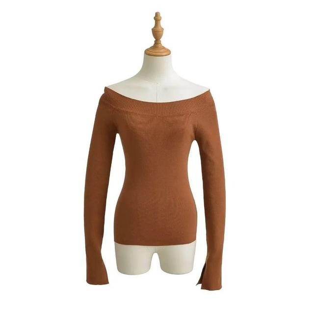 Long Sleeve Boat Neck Plain Asymmetrical Knit Top Product Image