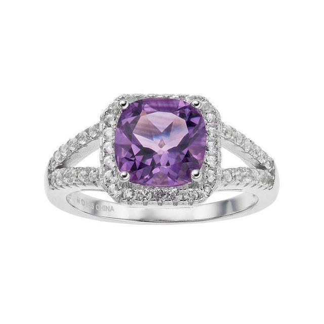 Gemminded Sterling Silver Amethyst & White Topaz Cushion Halo Ring, Womens Product Image