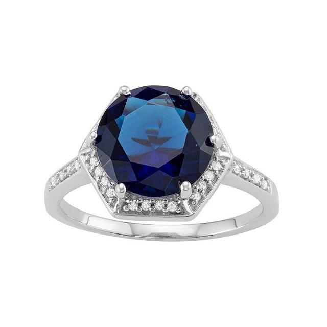 Jewelexcess Sterling Silver Lab-Created Sapphire & 1/10 Carat T.W. Diamond Halo Ring, Womens White Product Image