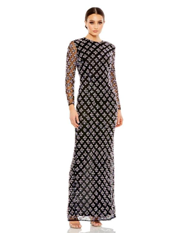 Womens Long Sleeve Embellished High Neck Column Gown Product Image