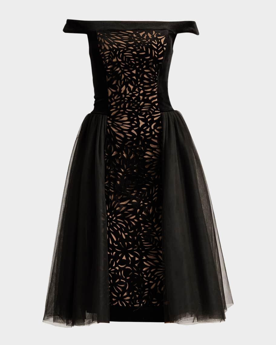 Off-Shoulder Cutwork Velvet and Tulle Dress Product Image