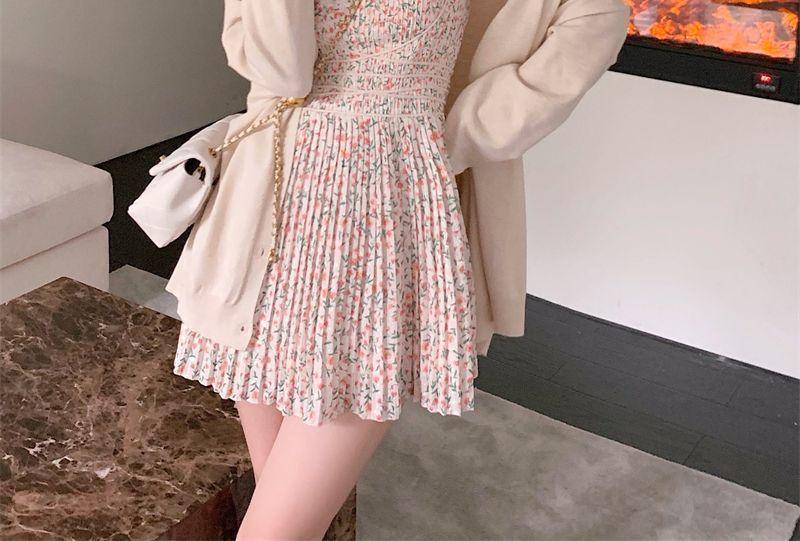 Spaghetti-Strap Floral Mini A-Line Dress / Cardigan Product Image