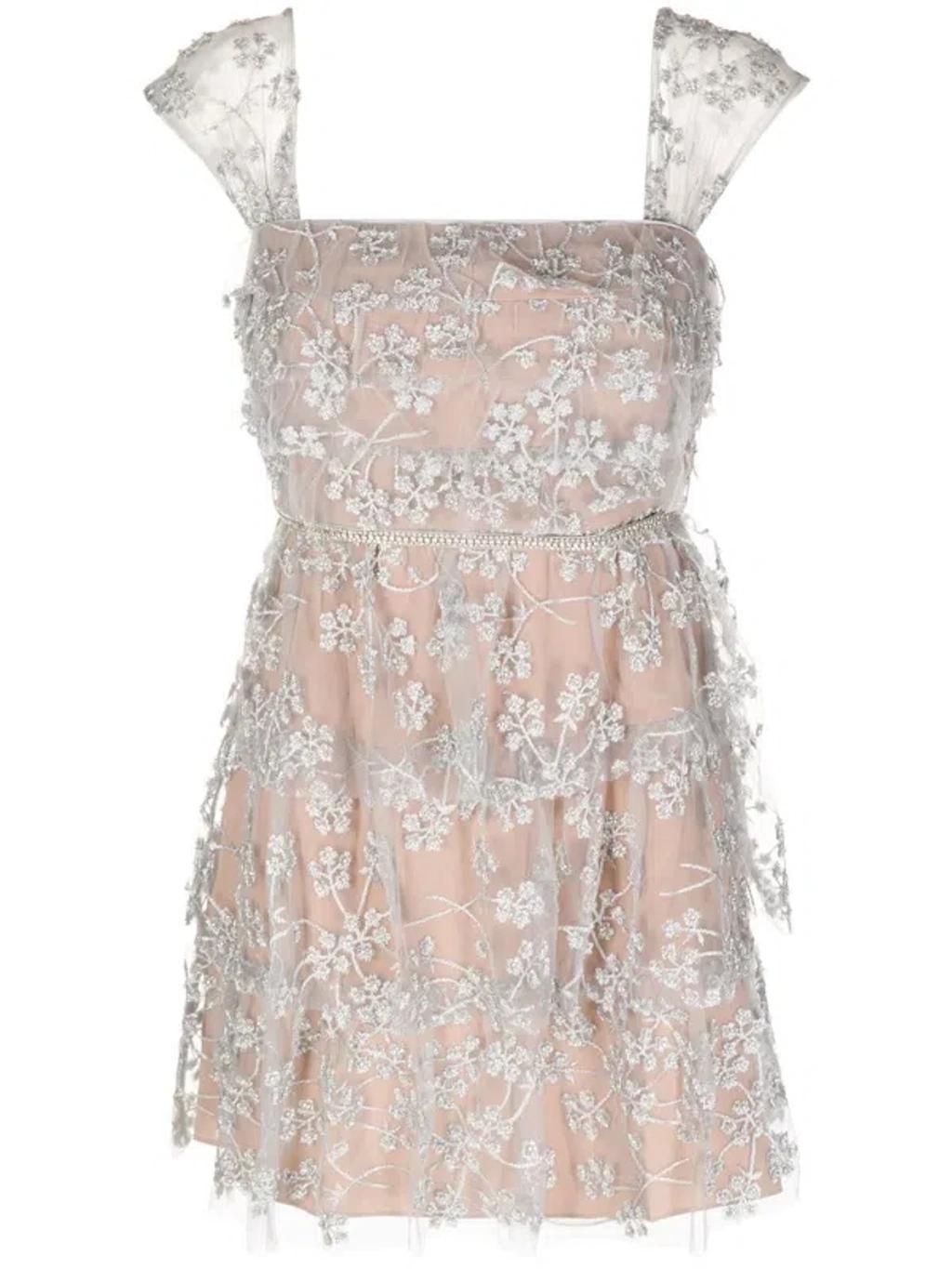 Floral-embroidered Tiered Mini Dress In Grau Product Image