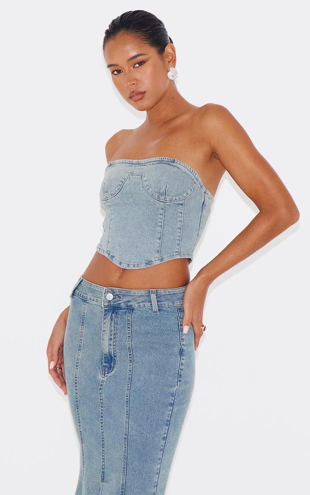 Light Blue Vintage Wash Seam Detail Denim Corset Top Product Image