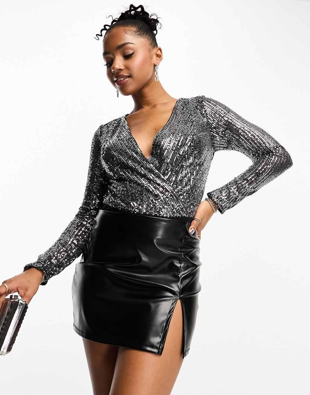 Style Cheat Exclusive sequin bodysuit in black Product Image