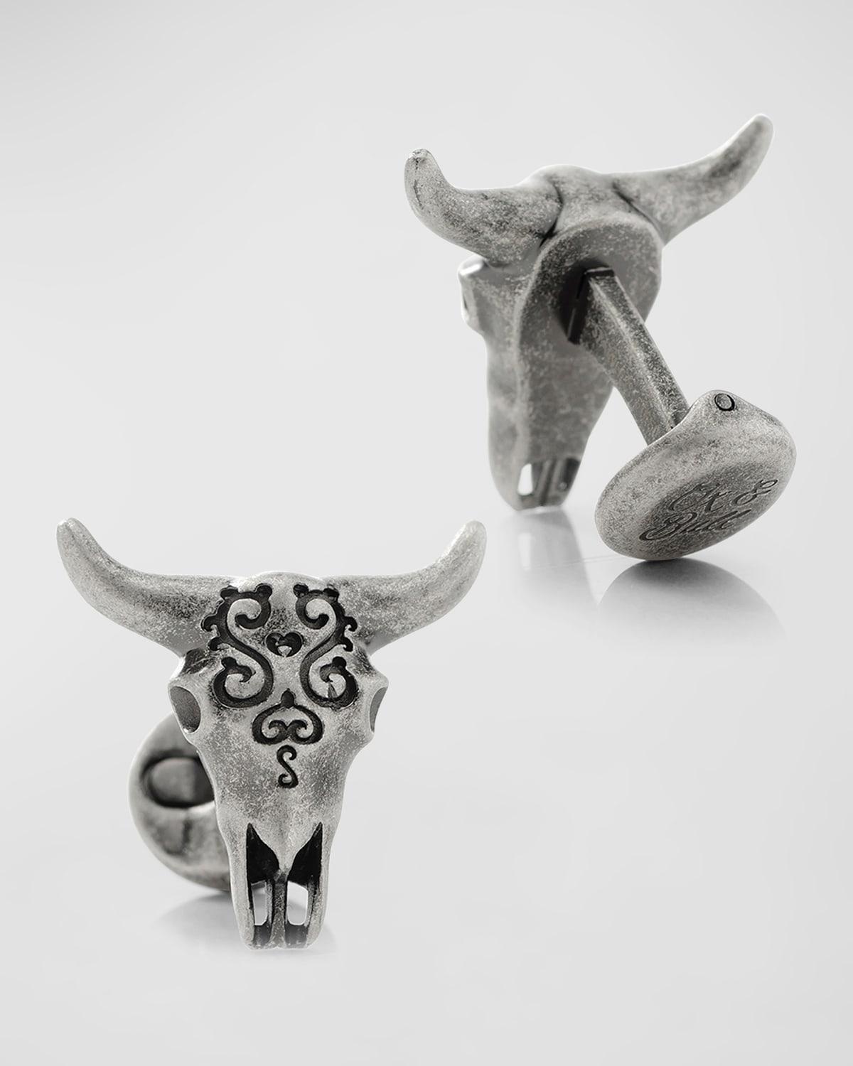 Mens Antique Stainless Steel Carved Cows Skull Cufflinks Product Image