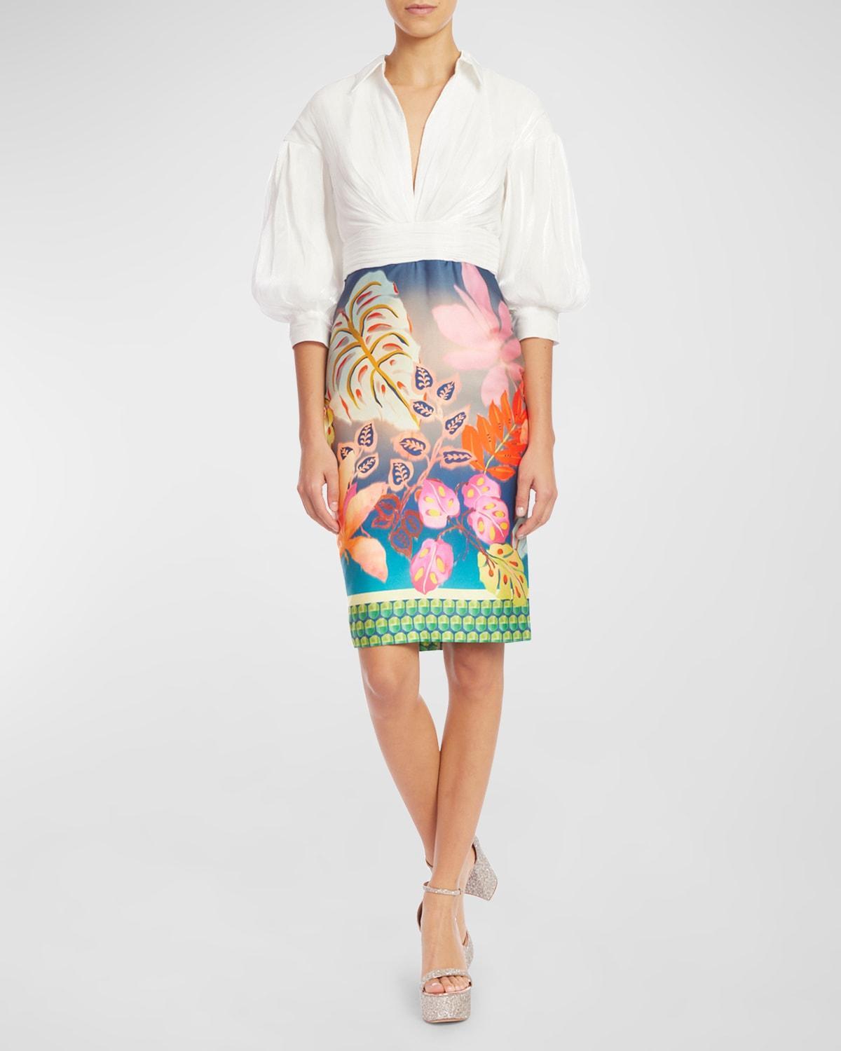 Ruched Floral-Print Balloon-Sleeve Midi Dress Product Image