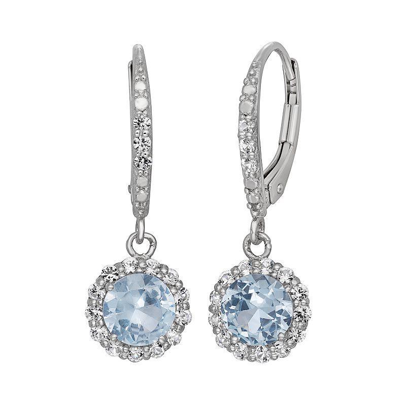 Lab-Created Aquamarine and Lab-Created White Sapphire Sterling Silver Halo Drop Earrings, Womens, Blue Product Image