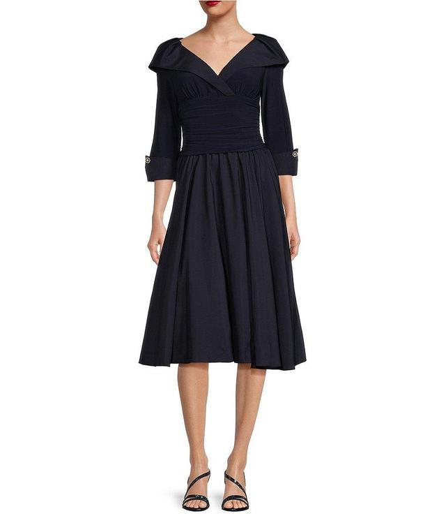 Jessica Howard Jersey Taffeta 3/4 Sleeve Portrait Collar Ruched A-Line Midi Dress Product Image