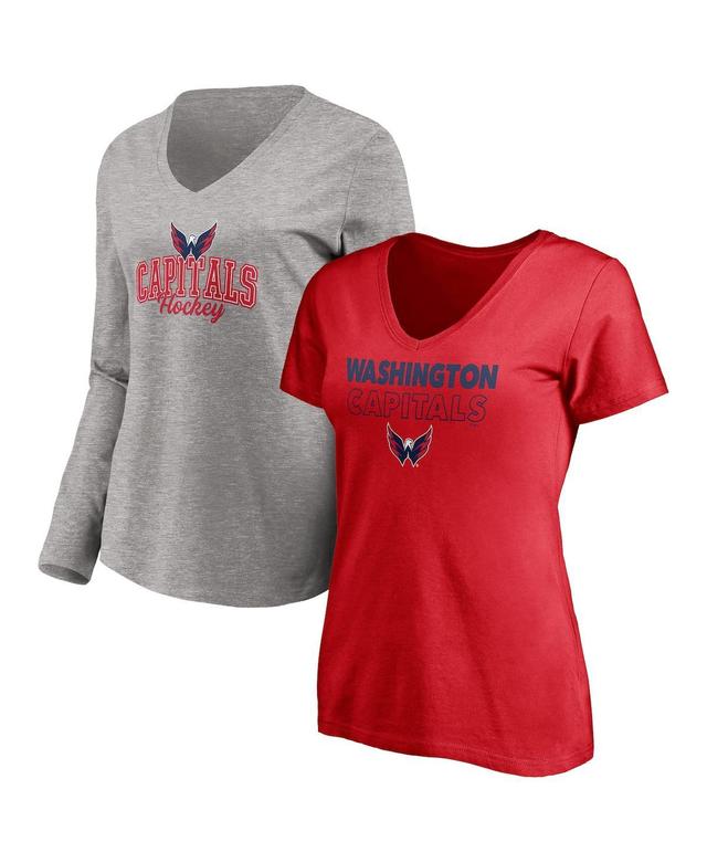 Womens Fanatics Branded Red/Heathered Gray Washington Capitals Short Sleeve & Long Sleeve V-Neck T-Shirt Combo Pack Product Image