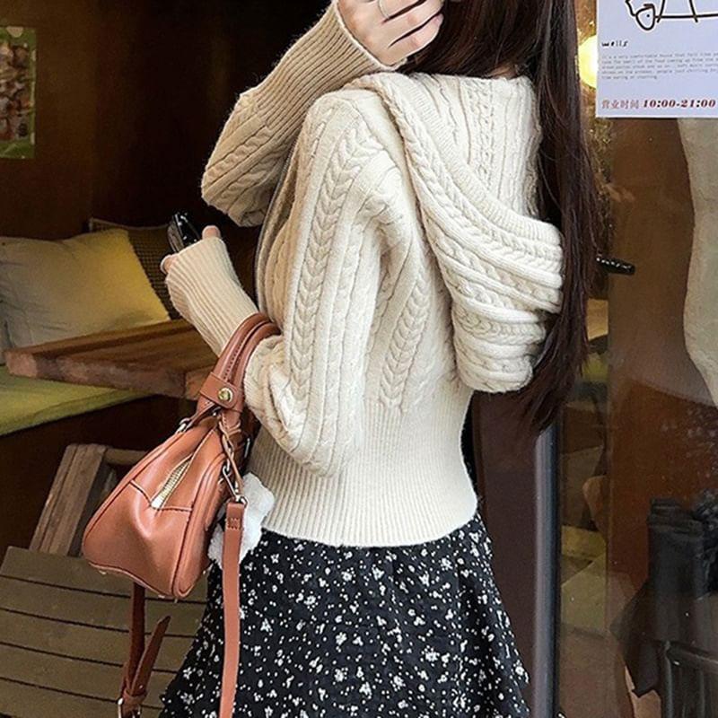 Long Sleeve Plain Cable-Knit Zip-Up Crop Hooded Cardigan Product Image