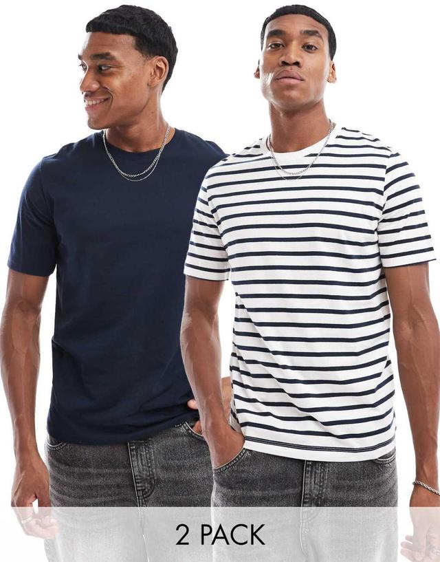 Jack & Jones 2 pack oversized stripe t-shirts in white & navy  Product Image