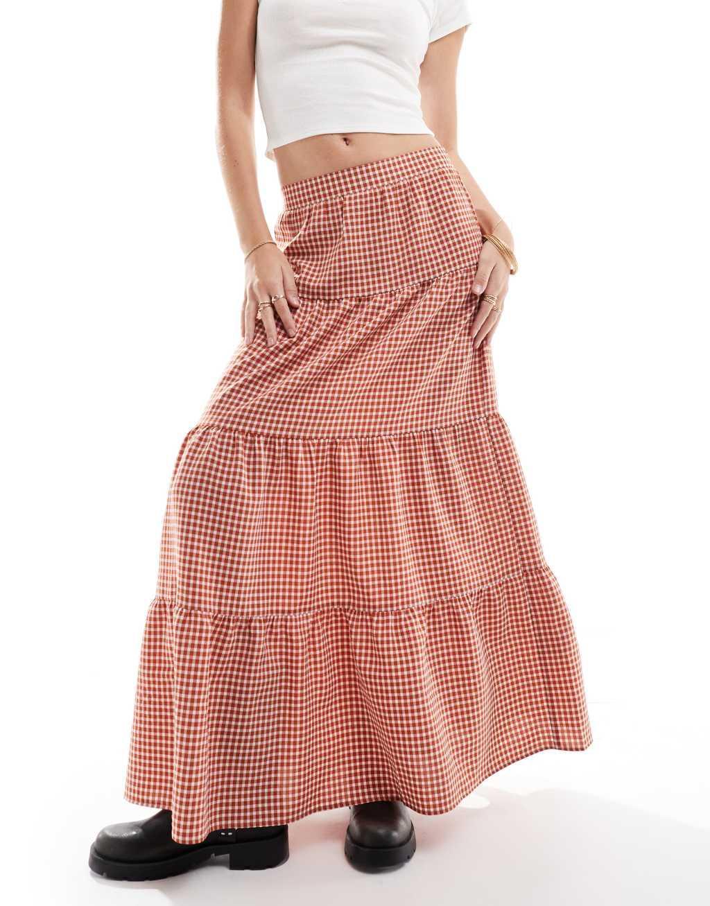 Miss Selfridge tiered maxi gingham skirt in rust Product Image