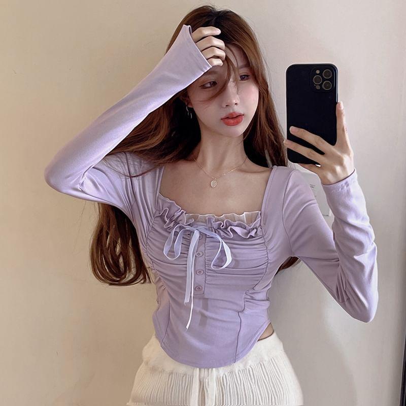 Long Sleeve Square Neck Plain Bow Ruffle Button Top Product Image