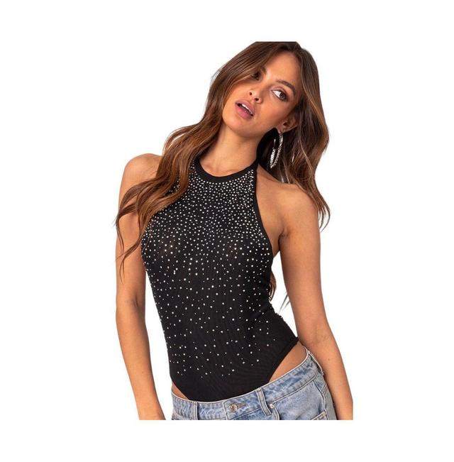 EDIKTED Rhinestone Mesh Halter Bodysuit Product Image