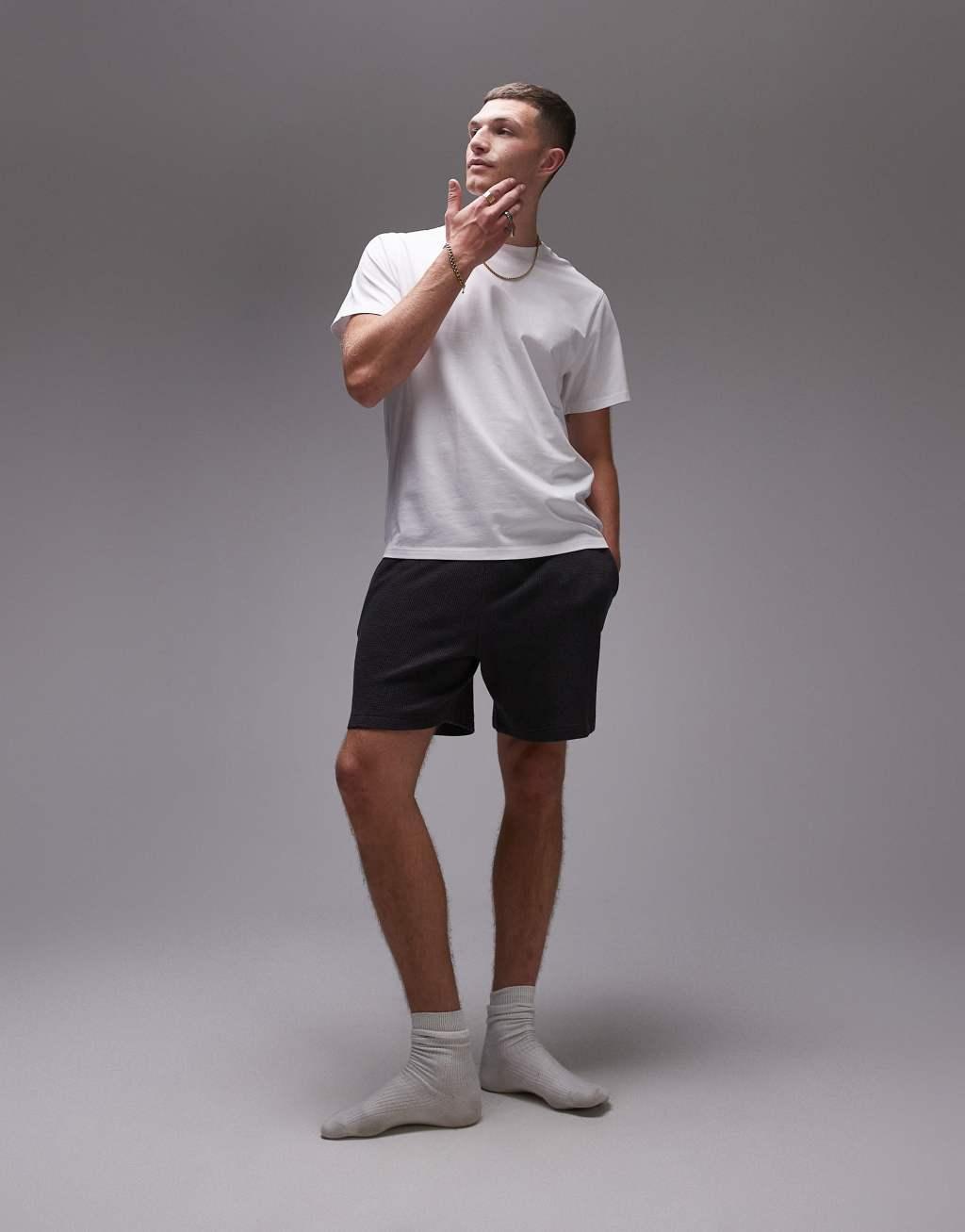 Topman lounge waffle short in charcoal and plain white lounge t-shirt multipack Product Image