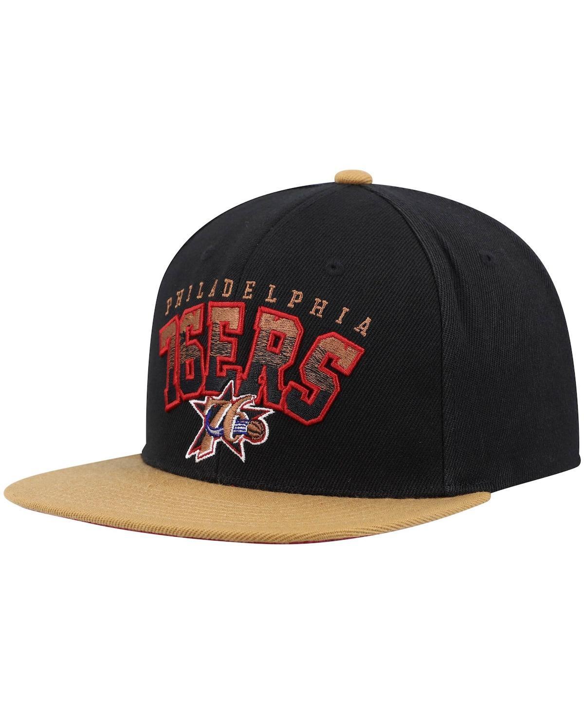 Mens Mitchell & Ness Black/Tan Philadelphia 76ers Hardwood Classics Gradient Wordmark Snapback Hat Product Image