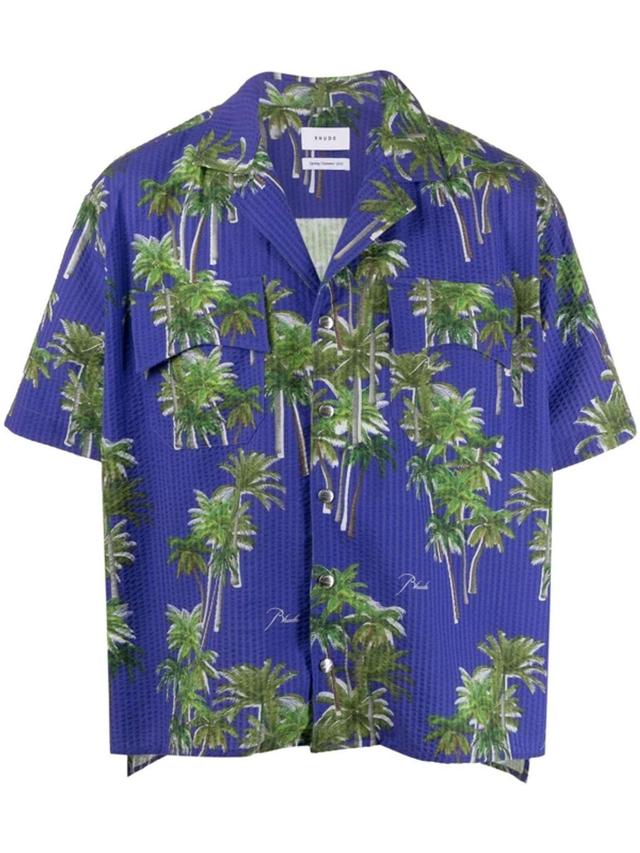 Short Sleeve Palm Tree Print Shirt Blue And Green Product Image