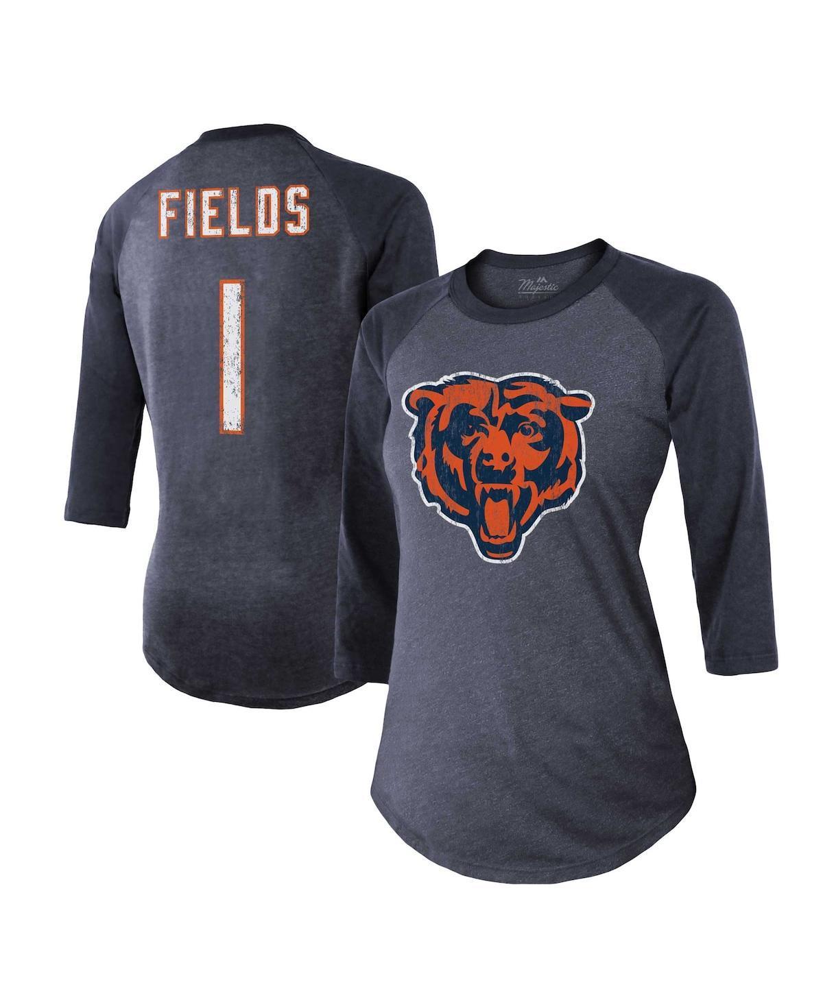 Womens Majestic Threads Justin Fields Navy Distressed Chicago Bears Player Name and Number Tri-Blend 3/4-Sleeve Fitted T-shirt Product Image