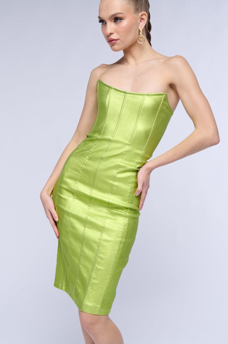 MEET ME IN THE METALLICS MIDI DRESS IN LIME Product Image