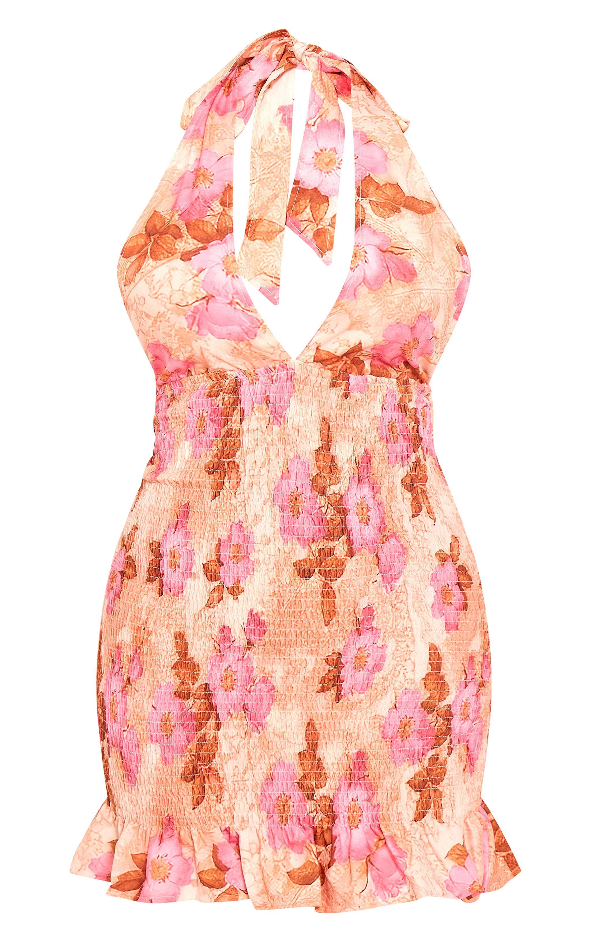 Pink Floral Floral Shirred Halterneck Bodycon Dress Product Image