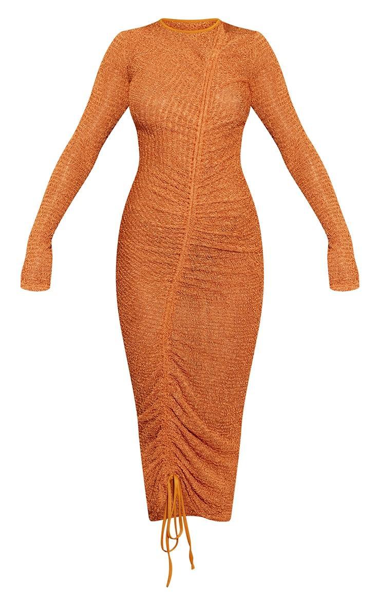 Rust Textured Ruched Long Sleeve Midaxi Dress Product Image