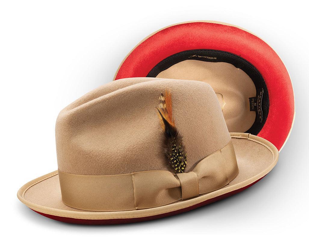 2 ⅜" Brim Wool Felt Dress Hat with Feather Accent Tan with Red Bottom Product Image