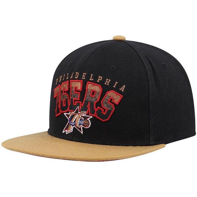 Mens Mitchell & Ness Black/Tan Philadelphia 76ers Hardwood Classics Gradient Wordmark Snapback Hat Product Image