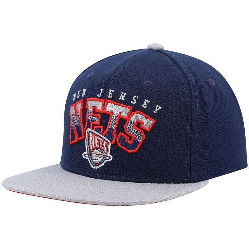 Mens Mitchell & Ness Navy/Gray New Jersey Nets Hardwood Classics Gradient Wordmark Snapback Hat, Blue Product Image