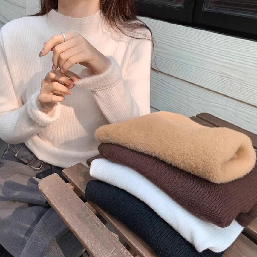 Long-Sleeve Mock Neck Fleece Lined Plain Knit Top Product Image