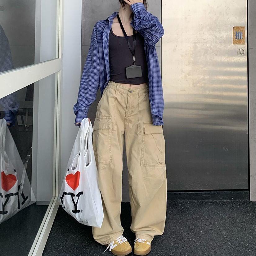 Mid Rise Plain Wide Leg Cargo Pants Product Image