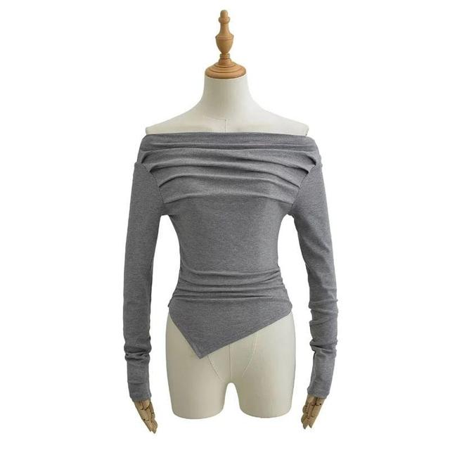 Long Sleeve Off Shoulder Plain Ruched Asymmetrical Top Product Image