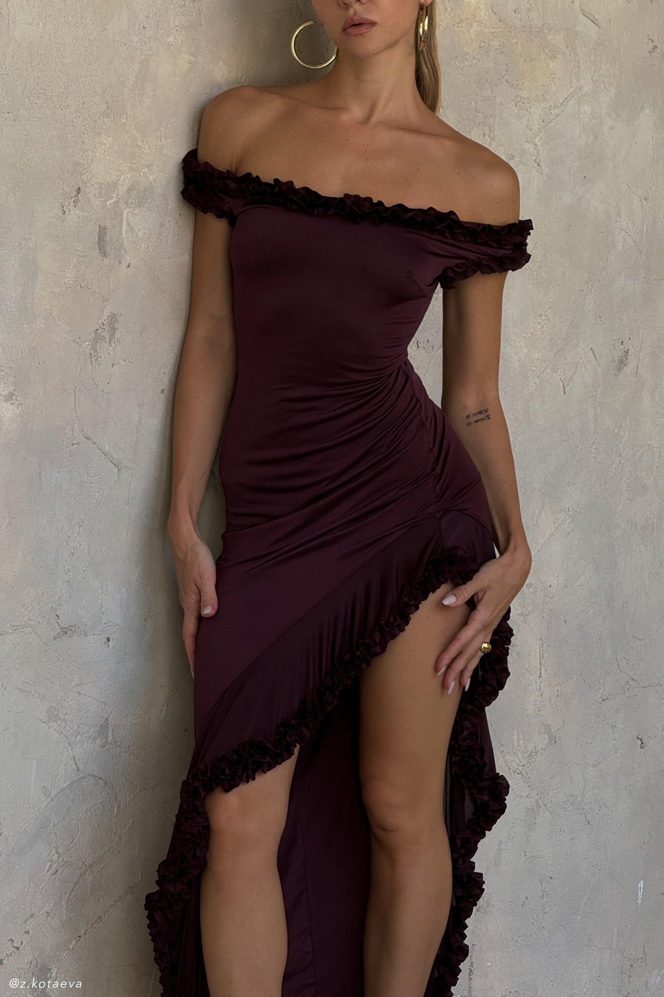 Arielle Off Shoulder Ruffle Midi Dress - Plum Product Image