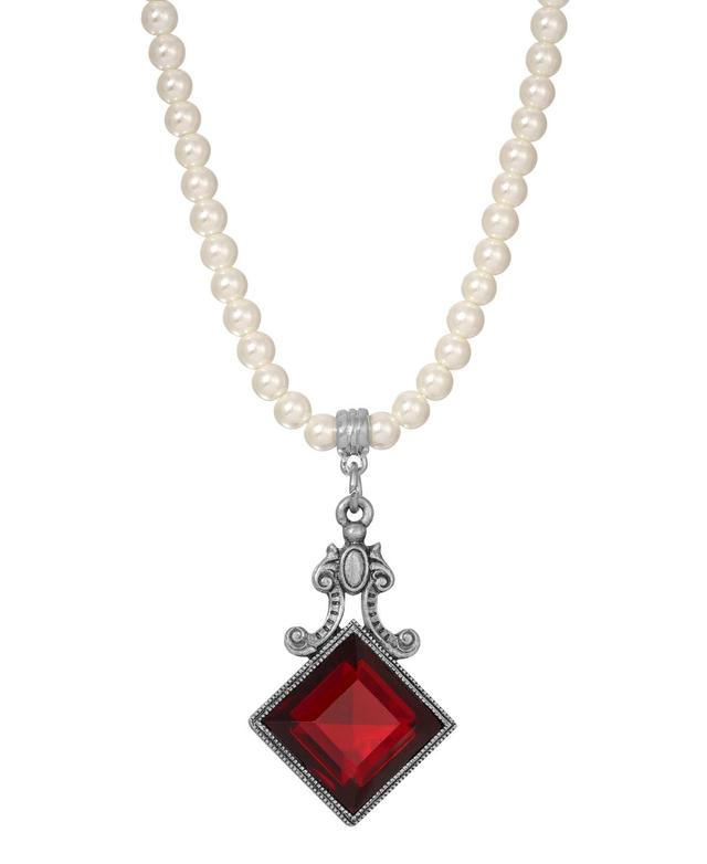 1928 Pewter Simulated Pearl Square Drop Necklace, Womens, Red Product Image