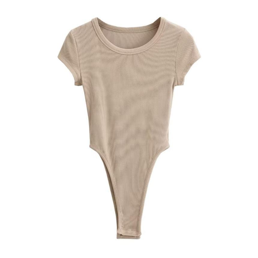 Short-Sleeve Round Neck Plain Ribbed Bodysuit Top Product Image