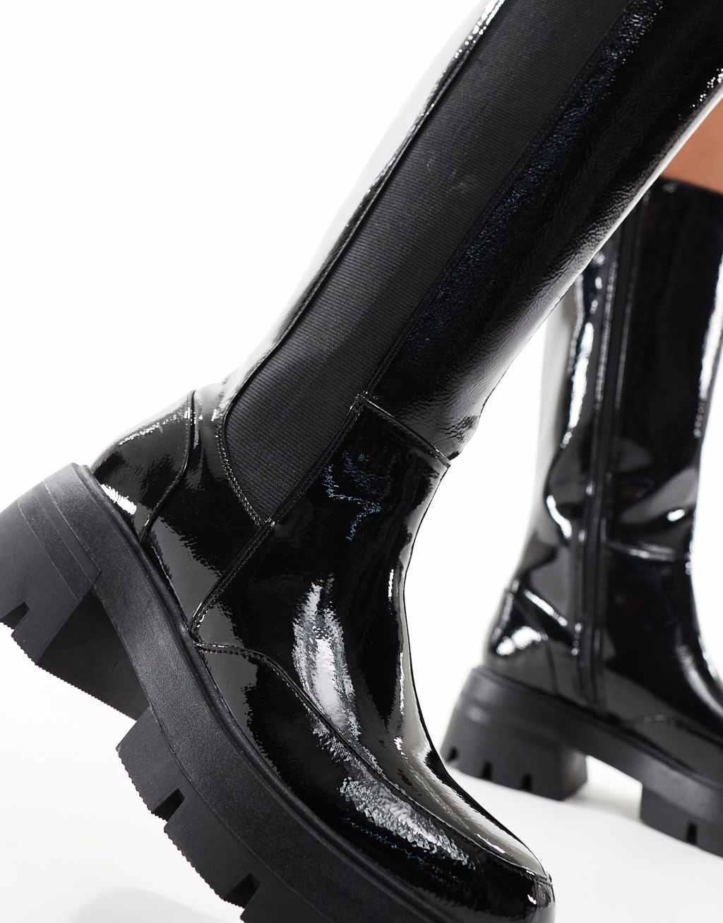 Public Desire Bryant pull on knee high boots in black crinkle patent Product Image