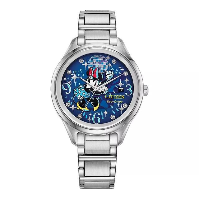 Citizen Womens Eco-Drive Disneys Minnie Mouse Dancing Minnie Stainless Steel Crystal Accent Blue Dial Bracelet Watch Gold Silver Product Image