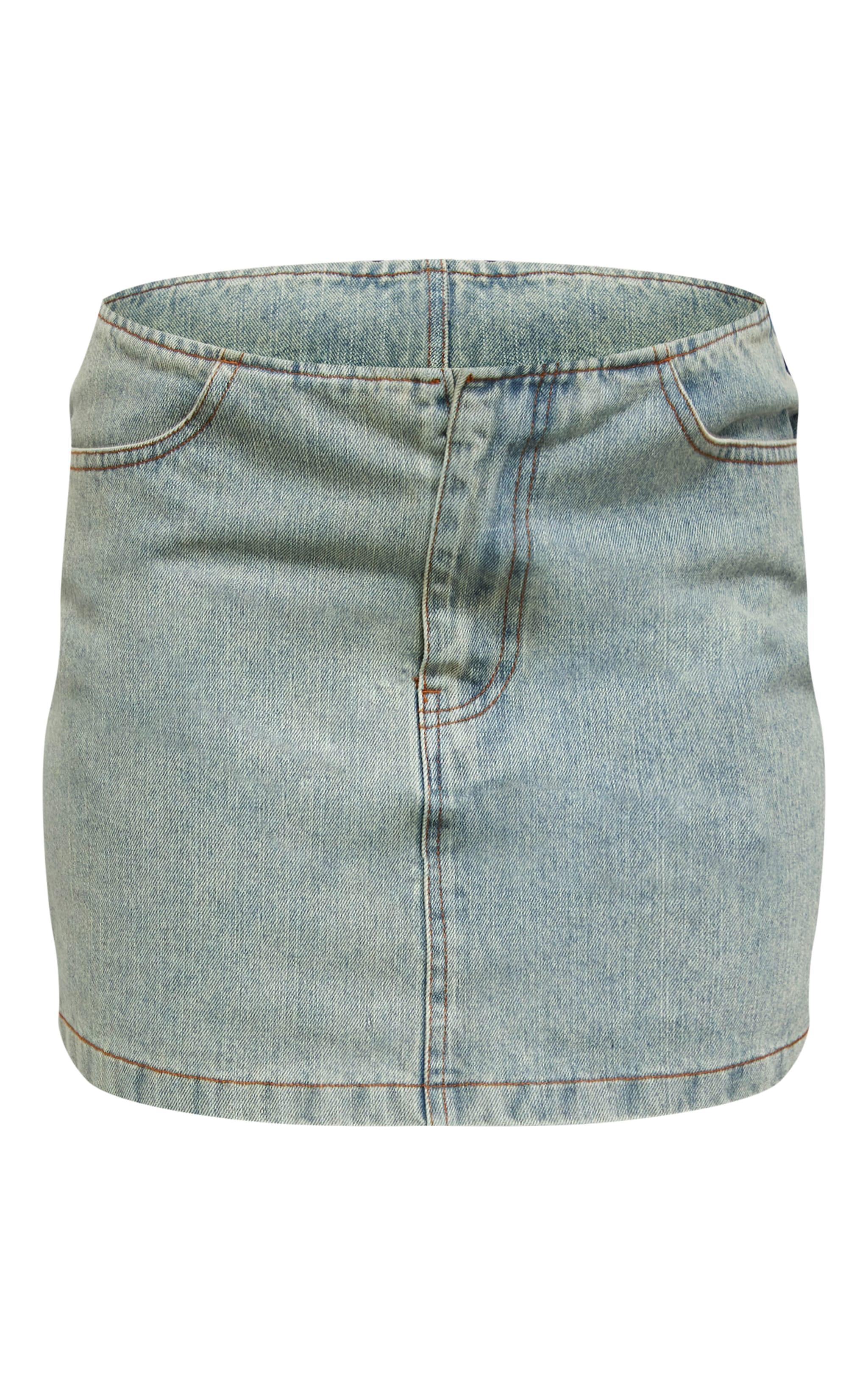 Contrast Satin Waistband Vintage Wash Denim Mini Skirt Product Image