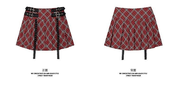 High Waist Plaid Buckled Pleated Mini A-Line Skirt Product Image