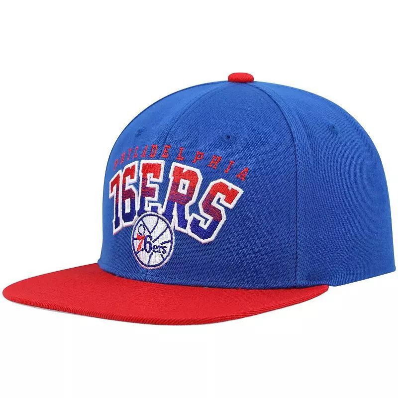 Mens Mitchell & Ness Royal/Red Philadelphia 76ers Hardwood Classics Gradient Wordmark Snapback Hat, Blue Product Image