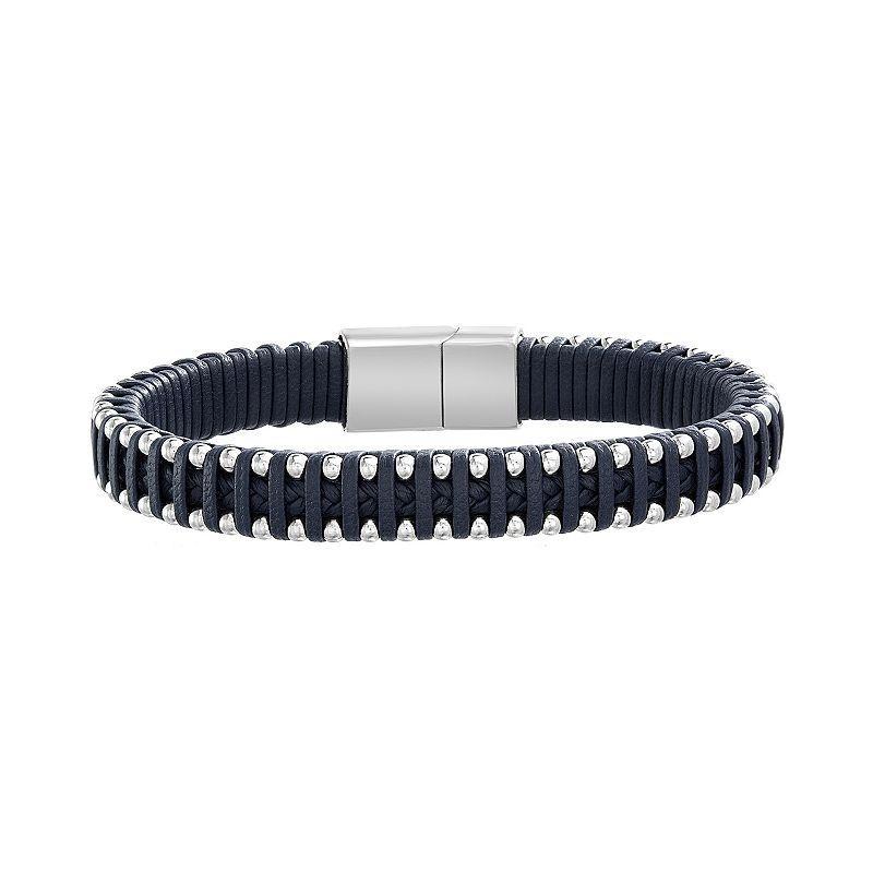 1913 Mens Braided Blue Leather & Stainless Steel Bracelet, Two Tone Product Image