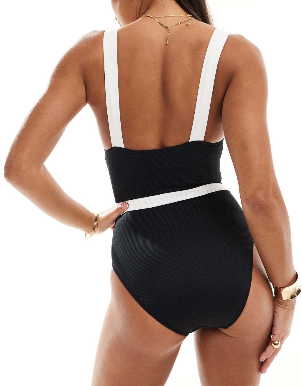 Accessorize contrast trim swimsuit in black and white Product Image