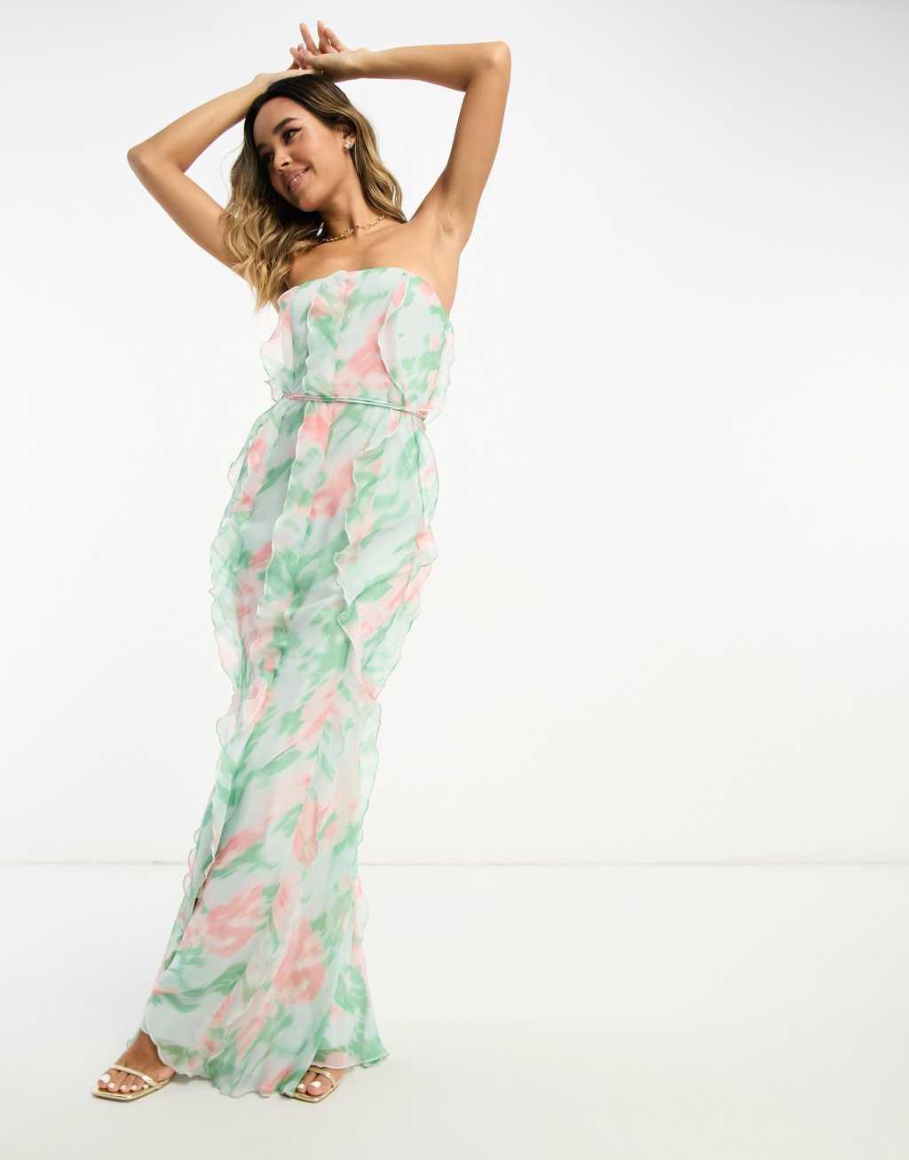 ASOS DESIGN ruffle bandeau maxi dress with tie waist in watercolor print Product Image