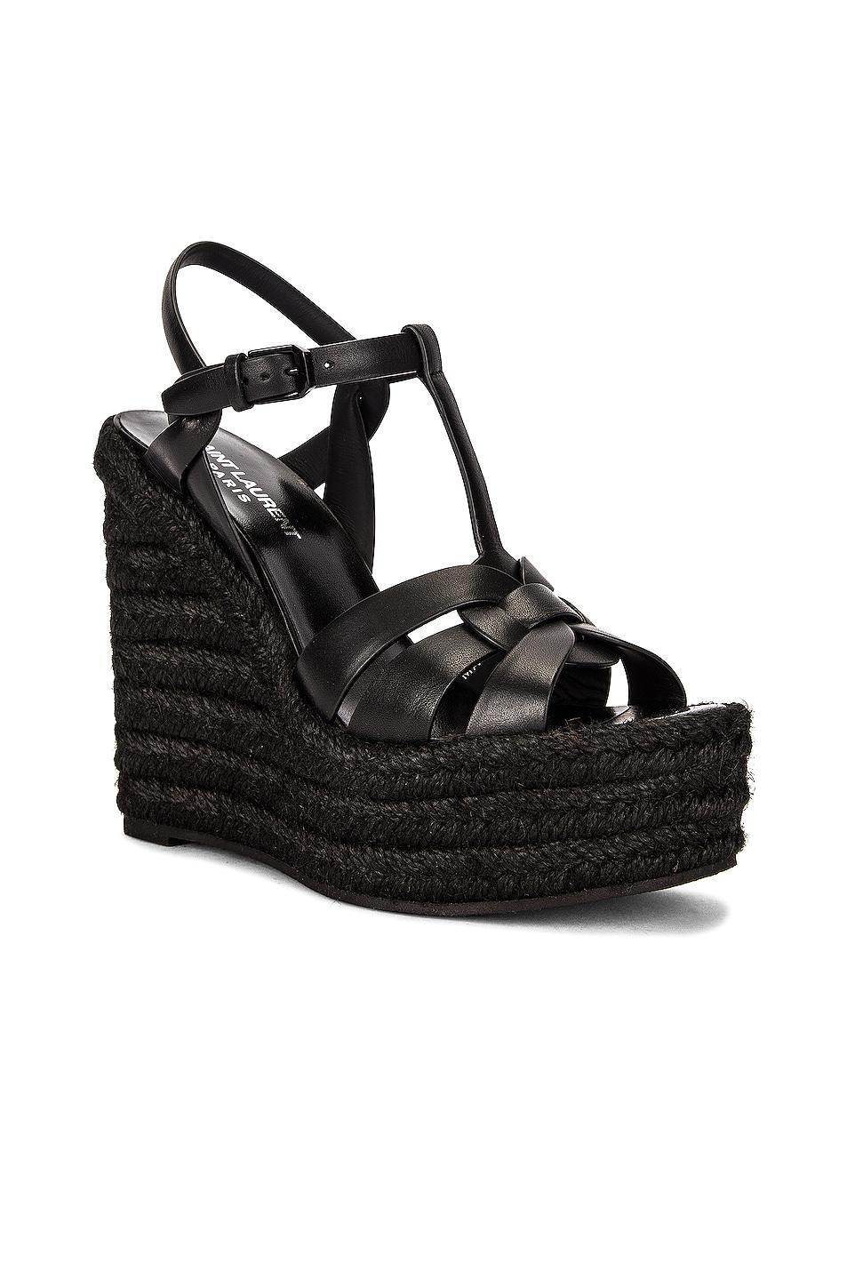 Saint Laurent Tribute Espadrille Wedge Sandals in Noir - Black. Size 41 (also in 39.5, 40). Product Image