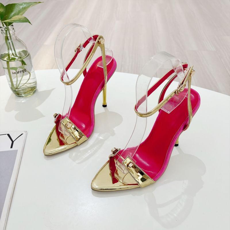 Stiletto Pointed Toe Ankle Strap Metallic Patent Leather Slingback Sandals Product Image