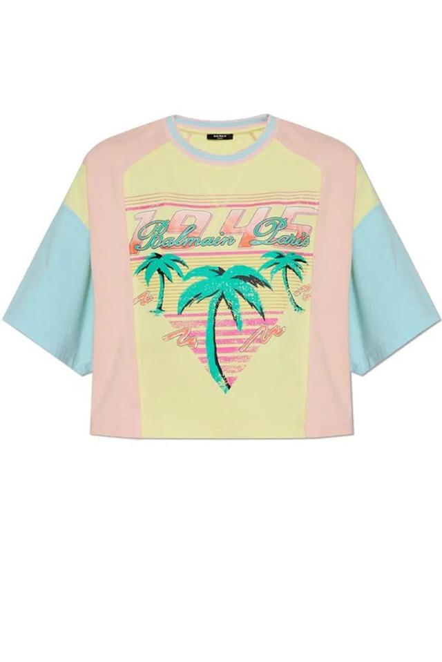 BALMAIN Palm Tree-print Cropped T-shirt In Multi Product Image