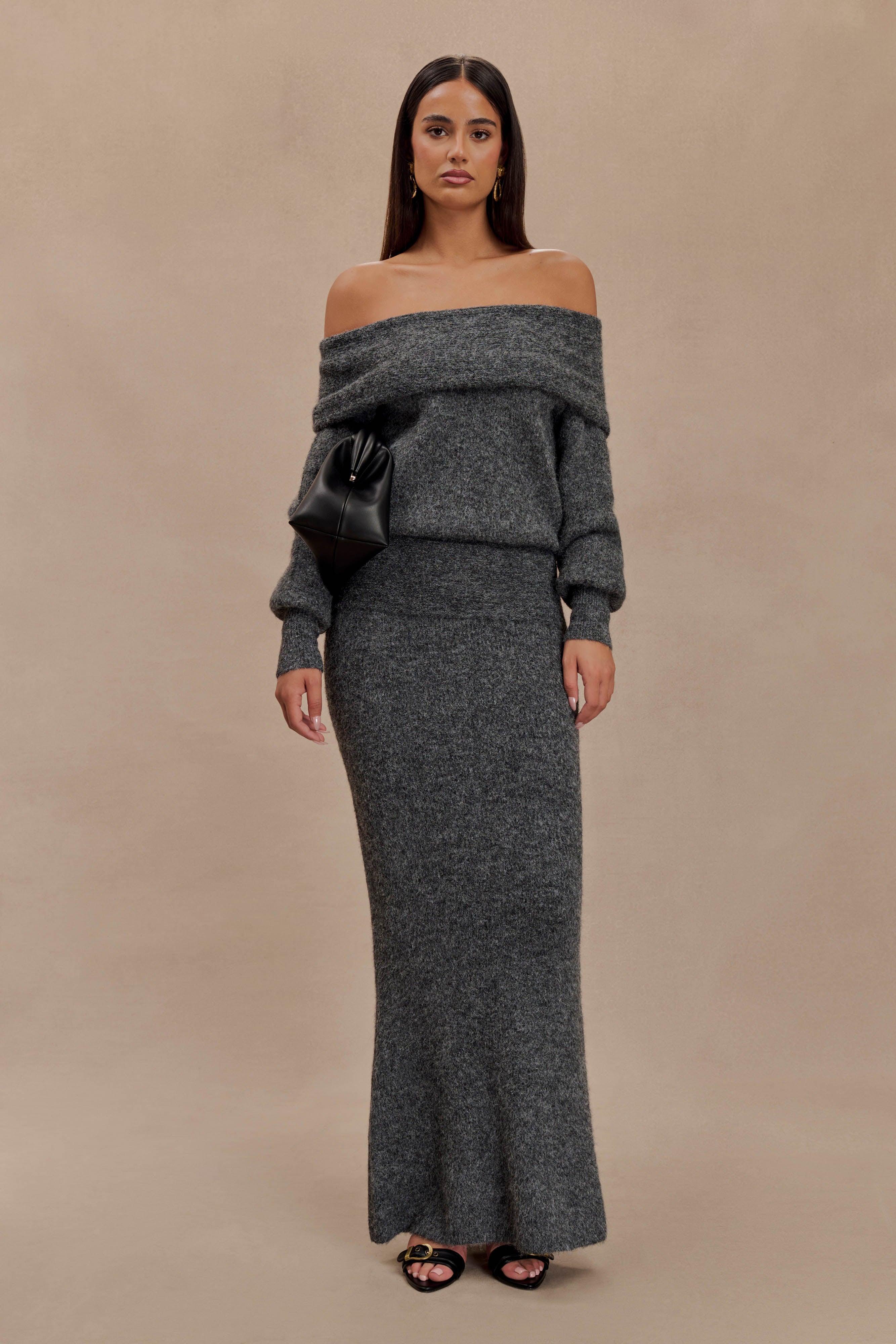 Charlotte Knit Maxi Skirt With Overlay - Charcoal Product Image