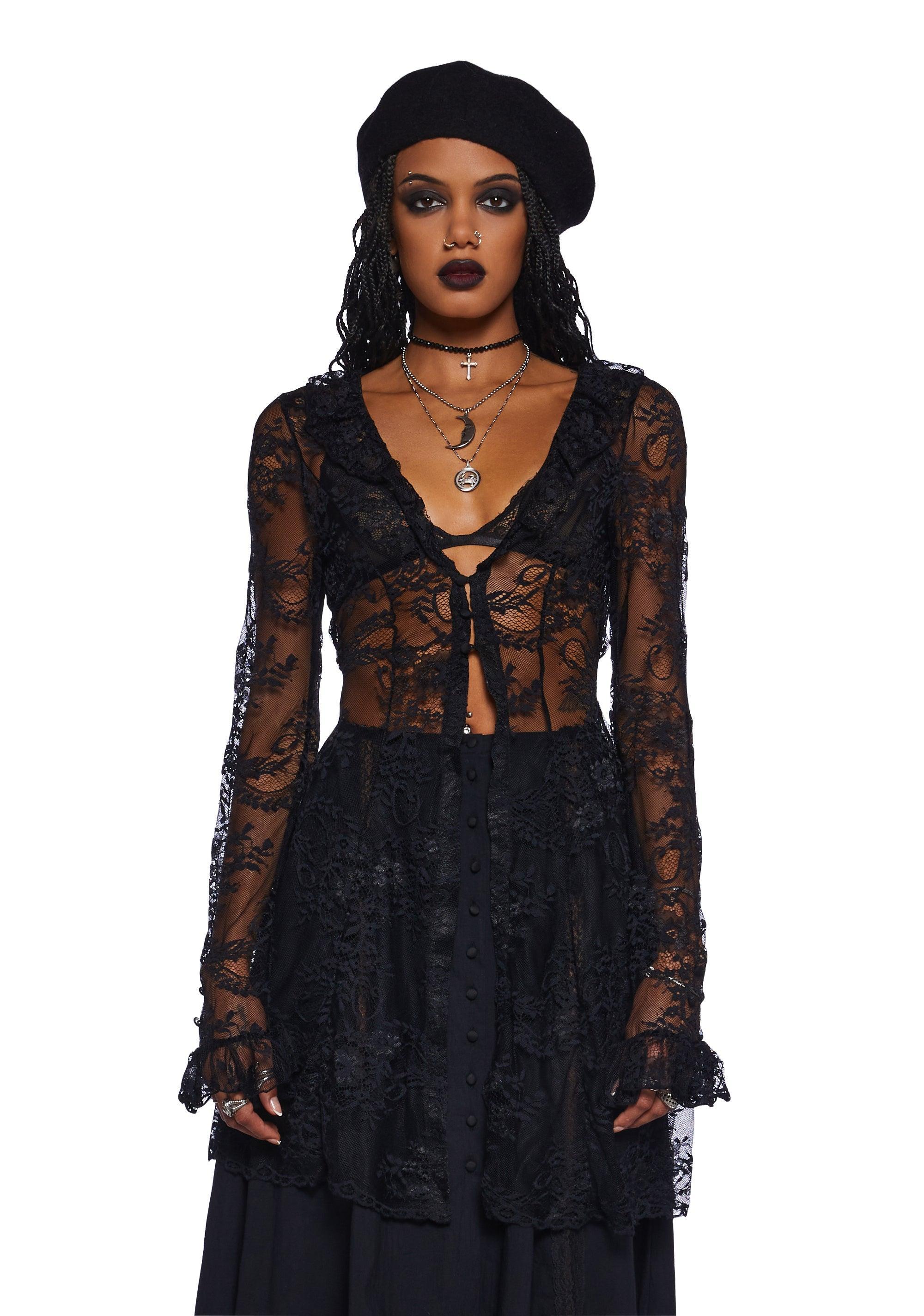 Widow Sheer Floral Lace Long Sleeve Top With Front Button Closures Witch - Black product image