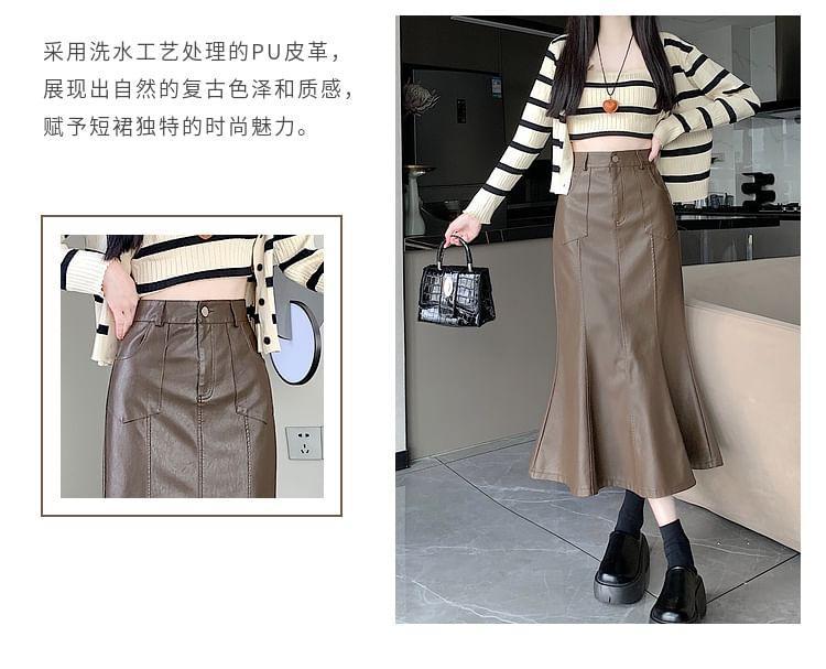 High Rise Faux Leather Midi Fishtail Skirt Product Image